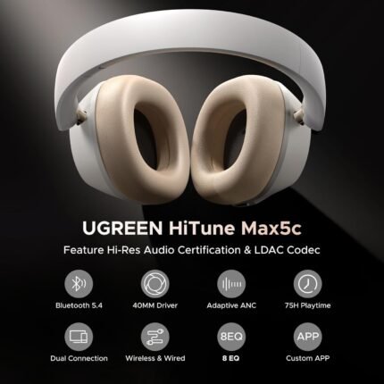 Ugreen HiTune Max5C Hybrid ANC Headphones – immersive sound, 40mm drivers, AI noise reduction, Bluetooth 5.3, 30h battery, comfortable over-ear design.